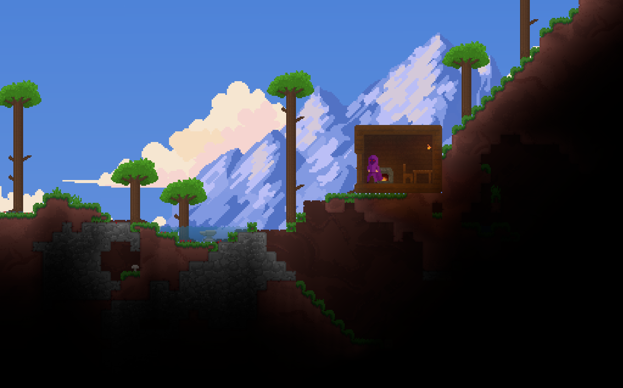 Planetora pixel-art landscape with a cabin, trees, mountains, and a player character