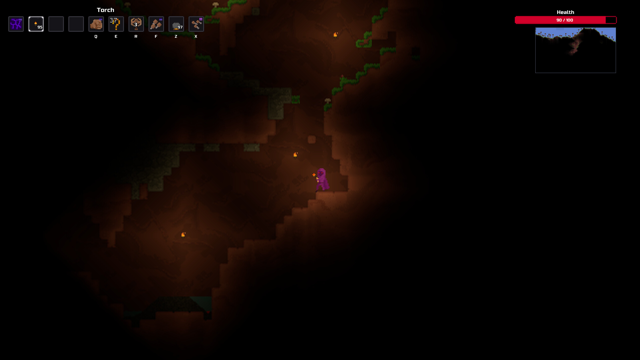 Planetora cave exploration with UI, torchlight, and a player character underground