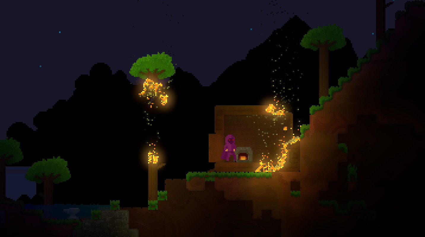 Planetora night scene showing fire spreading through trees and a wooden cabin